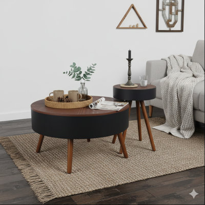 Table centrale ronde de 31,5 pouces avec une fonctionnalité de rangement et une surface de table gravée. Une table à boissons idéale pour les espaces restreints, servant également de table d'appoint moderne pour les espaces de vie.