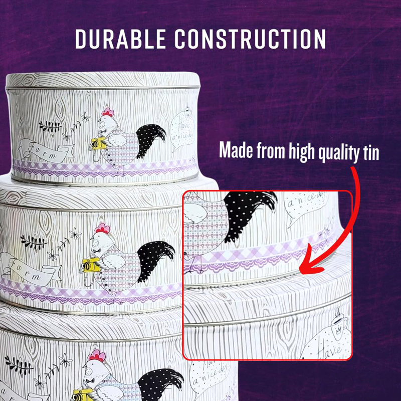 Pack Of 3 Stackable Round Metal Tin Containers With Lids – Multipurpose Tins For Storing Cookies, Candies, Kitchen Essentials, Stationery,Gif Box For Valentine Day – Rustic Farmhouse Rooster Design