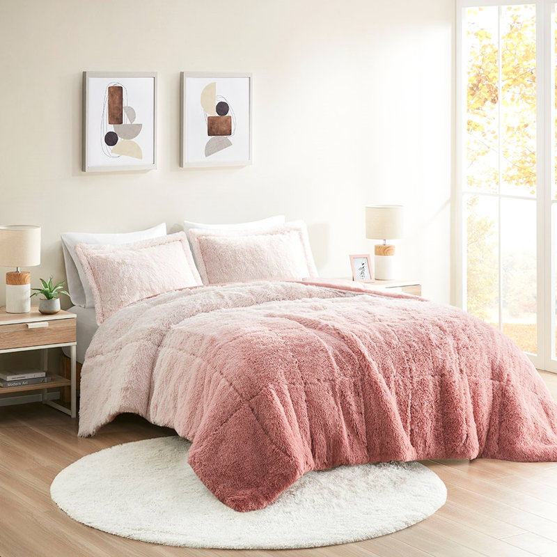 Couette en fausse fourrure ombrée rose poudré - 1 place/1 place XL, chaude, confortable et douce, lavable à la machine. Couleurs : rose poudré, ombré, chaude.