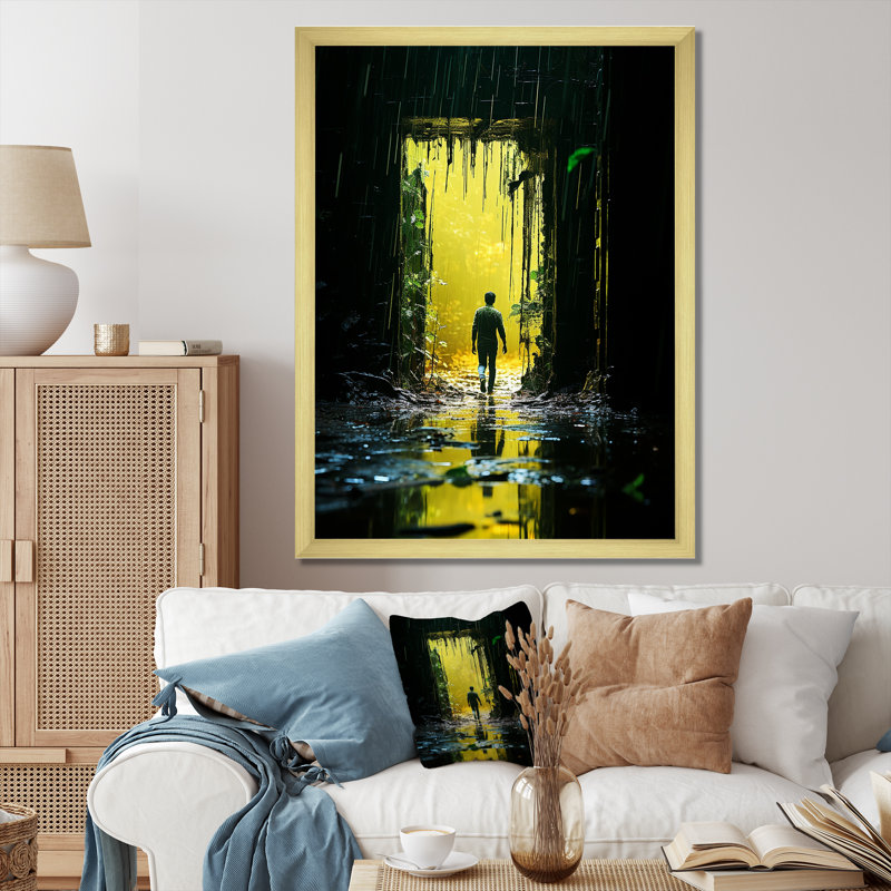 Mystic Flora Man Walking To Mystic Forest II - Abstract Landscape, art mural, Cadre photo doré simple