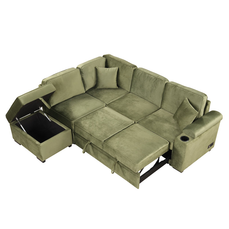 Canapé-lit en L avec repose-pieds avec rangement, 2 en 1 pour les petits espaces, Vert