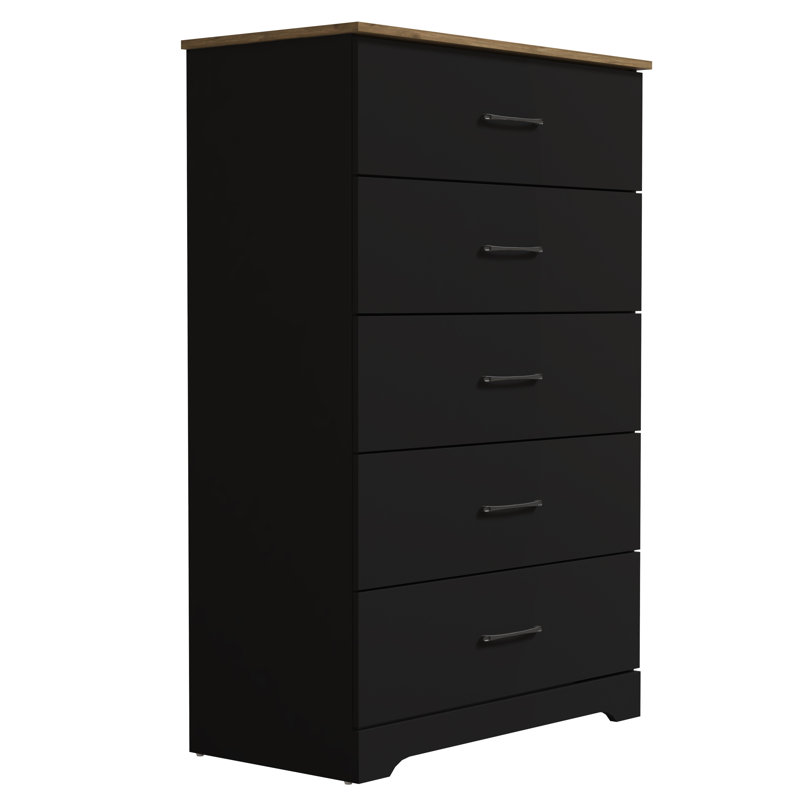 Commode 5 tiroirs Arkia, Noir / chêne noueux