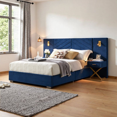 Très grand lit plateforme en velours avec tête de lit à oreilles capitonnée, lumières DEL et tables de chevet flottantes, aucun sommier nécessaire, assemblage facile - bleu