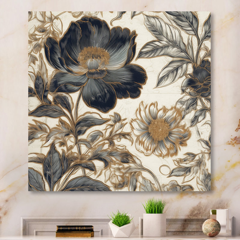 Blue Gold Peony Symphony I, reproduction d'art sur toile, 44" H x 44" W, Toile tendue