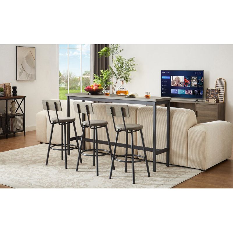 Long Bar Table Set With 3 PU Upholstered Bar Stools, Grey