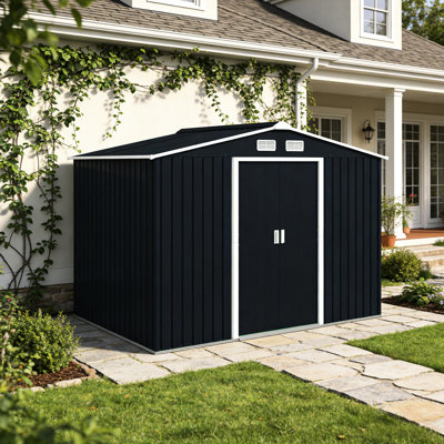 Remise extérieure pour outils pour la cour arrière, articles de jardin idéaux, stable avec trousse de fondation - portes coulissantes doubles à entrée lisse gris foncé, équipement L 109 po x l 76,75 po H 75,5 po, accès