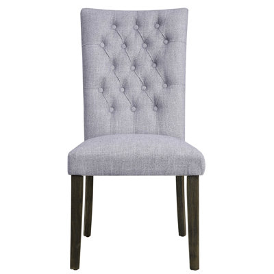 Gray Linen Side Chair Of 2, Armless High - Back Chair, Stationary Dining Seat, Multi Tone Fabric Cushioned Seat & Back, Button Square , Oak Tapered Wood Legs, 220lbs Capacity, 18" Depth, 19" Height,