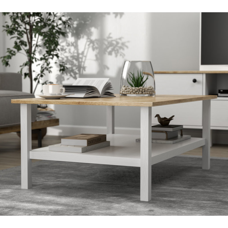 Modern Coffee Table with Shelves, White & Wood Finish, 39.4 x 16.9 x 28.3 inches | 100% Melamine Coated Particle Board, MDF Profile Legs, Metal Handles | Scandinavian Design, Wall-Mountable, Stylish & Functional