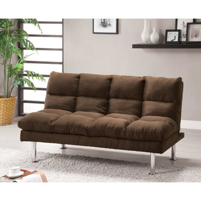 Futon contemporain en microfibre brun foncé avec pieds et support supplémentaire qui se transforme en lit lisse, avec un support de base brun de 67 po de largeur, rapide, l 67 po