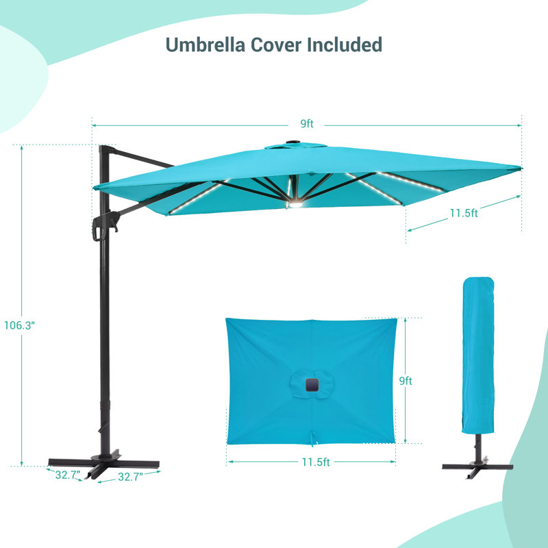 Parasol rectangulaire en porte-à-faux 11,5 pi x 9 pi Clair, Bleu lac