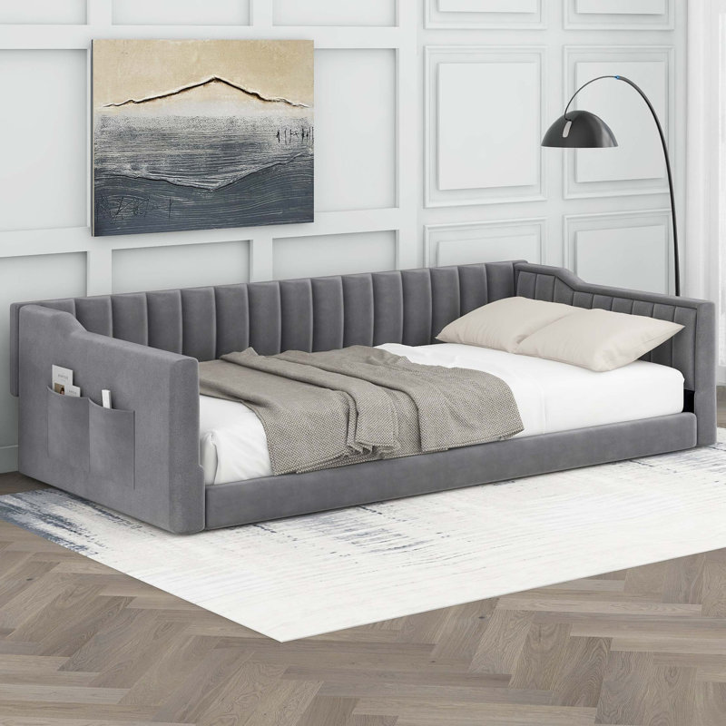 Twin XL Size Upholstery Daybed And Side Storage Pocket, Gray