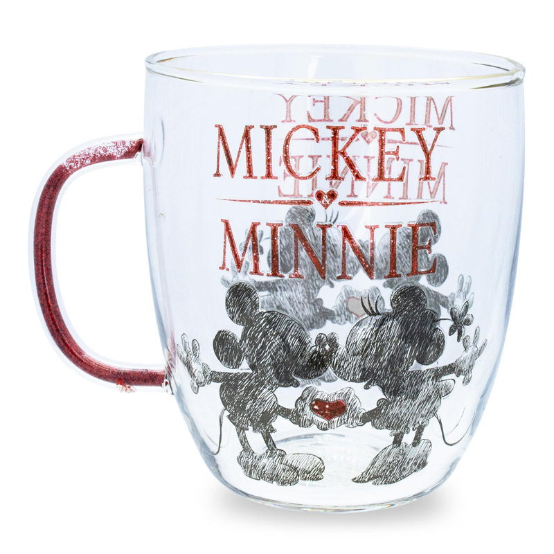 Tasse en verre avec poignée scintillante Disney Minnie et Mickey Mouse | Peut contenir 14 onces