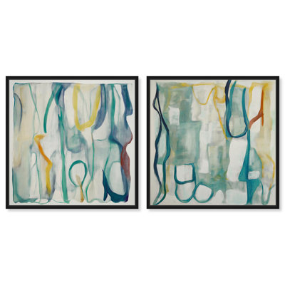 Ensemble de décorations murales « Interplay of Forms » (Impression sur toile, bleu et sauge) par Art Remedy, cadre noir, 30 x 30 cm