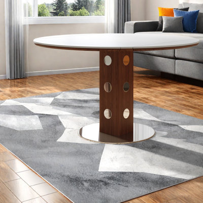 Table de salle à manger extensible (table seule, sans chaises, avec plateau et pieds), table ronde moderne en noyer et pierre frittée blanche pour petite cuisine