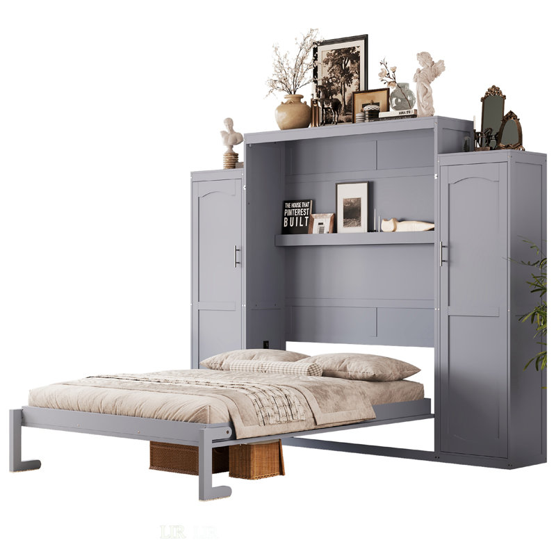 Lit escamotable, lit escamotable en bois avec 2 garde-robes et tablette de rangement, cadre de lit plateforme pliable multifonctionnel pour chambre d'amis, chambre à coucher