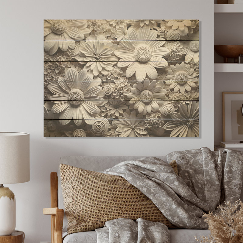 Collage de fleurs saisonnières noires et blanches - Art saisonnier sur bois de pin naturel, H 30 po x l 40 po