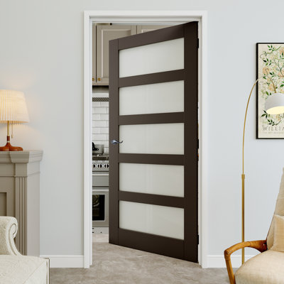 Porte pré-suspendue en verre givré noir 32 po x 80 po 5-Lite avec levier incurvé et charnières noires, dalle de porte d'intimité en verre, insonorisant et imperméable, combinaison pour la lessive, portes de placard, portes de pièce, droite