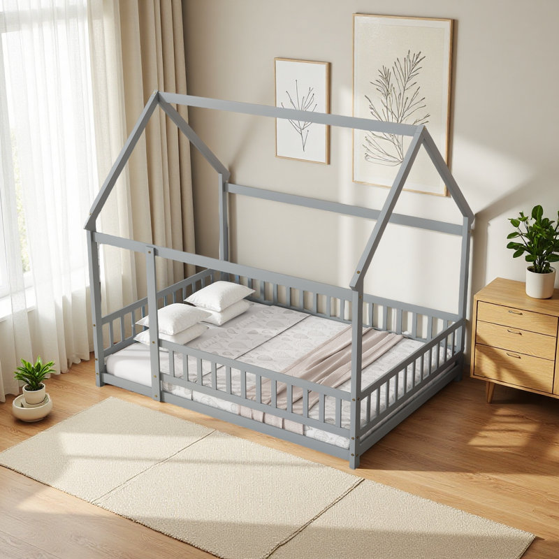 Lit en bois avec structure de toit House House, Gris, Lit double