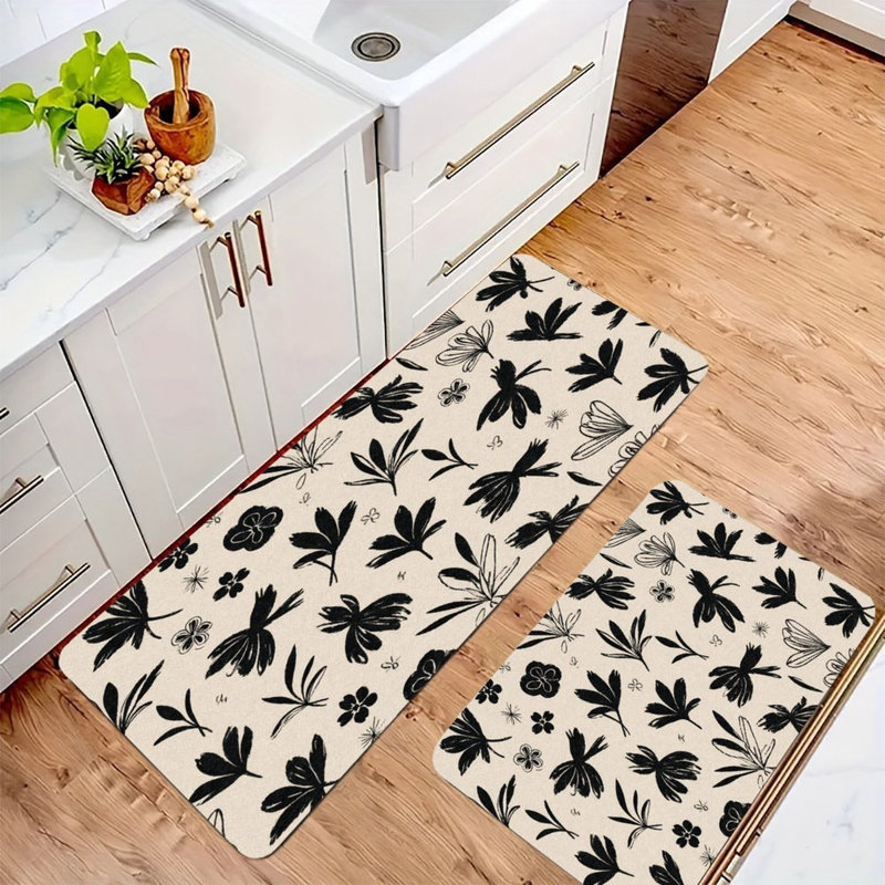 Croquis botanique noir, tapis de cuisine antidérapants 2 pièces