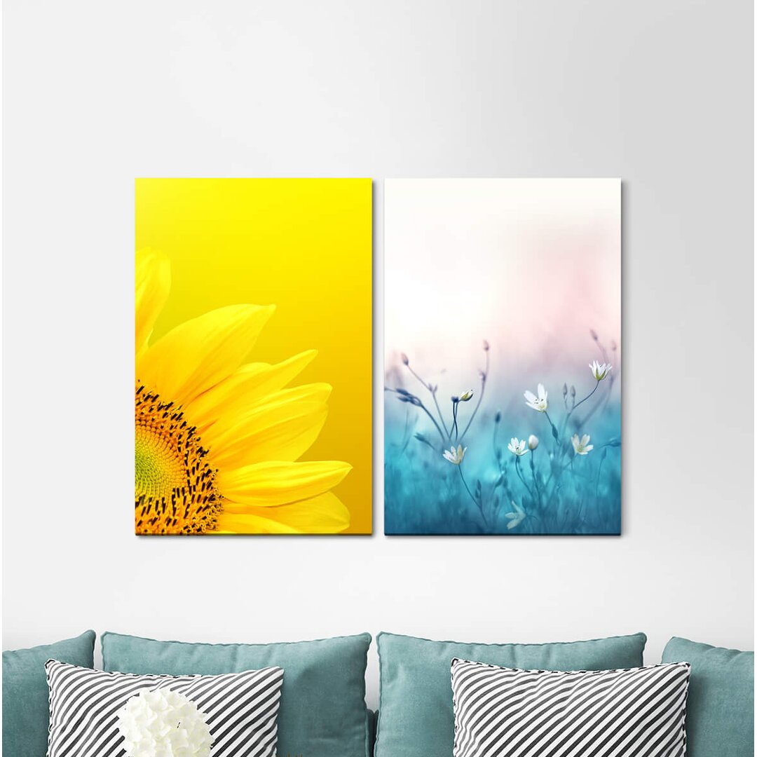 2-tlg. Leinwandbilder-Set - Fotografie „Sunflower Yellow Spring Flowers Blue Daisies”