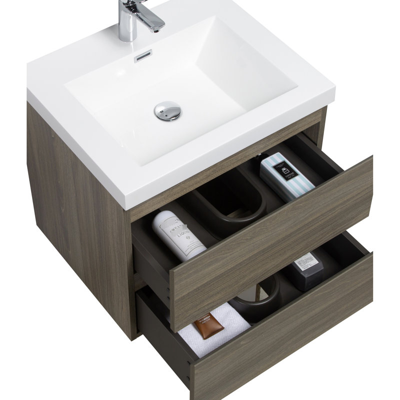 Meuble-lavabo mural 24 po avec lavabo en résine, 2 tiroirs, style minimaliste, esthétique de la finition de l'eau, finition