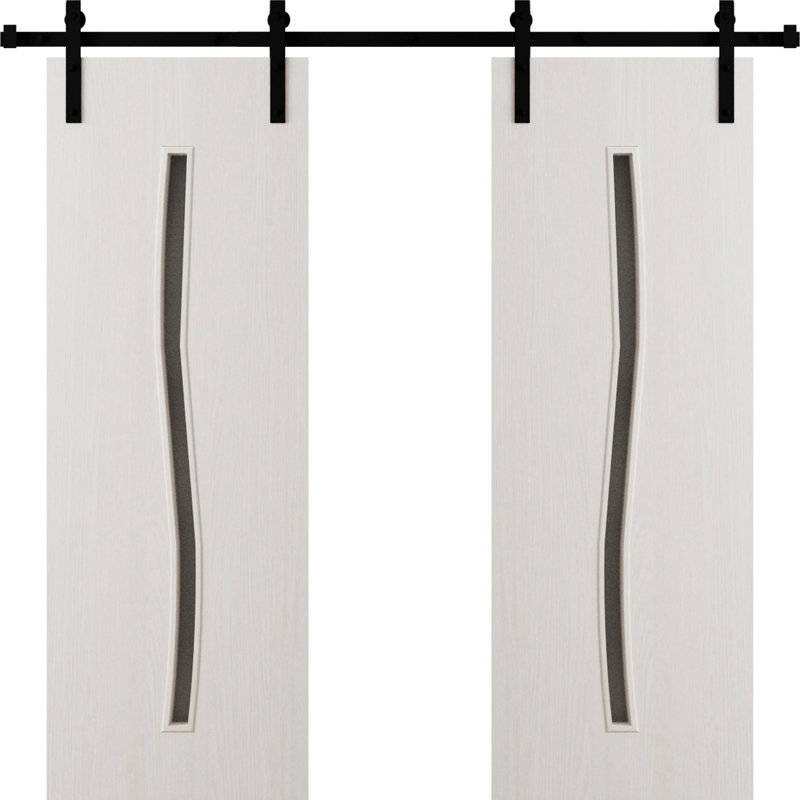 Porte de grange double moderne 48 x 96 pouces ESSENTIAL 8002 Frêne Franko Ensemble de rails de 13 pi Portes intérieures à panneaux pleins