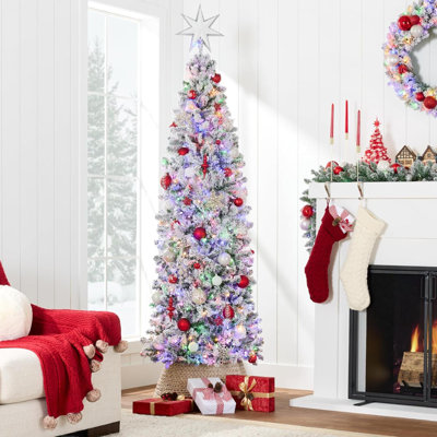 Arbre de Noël floqué au crayon, mince décoration de Noël artificielle pré-éclairée, 2 lumières blanches et multicolores, décor lumineux