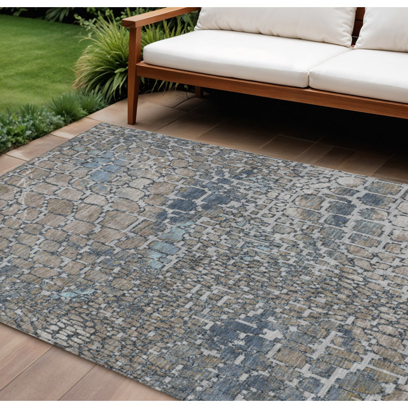 Tapis extérieur lavable abstrait bleu argenté et brun 9 pi x 12 pi