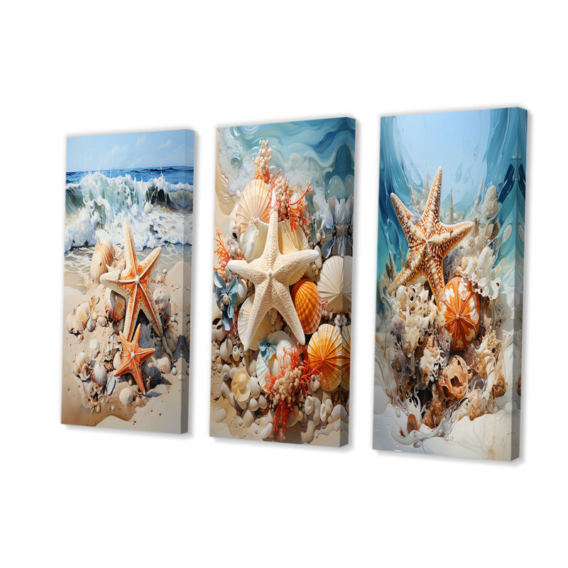 Étoile de mer sur la plage I - ensemble de salon art mural bord de mer tropical 3 pièces, Toile tendue, H 32 po x l 48 po