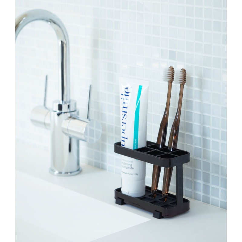 Black Steel Tower Toothbrush Stand with Rubber Mat