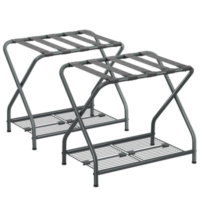 Porte-bagages, ensemble de 2, porte-valises avec tablette de rangement, porte-bagages pliable en métal pour chambre d'amis, chambre à coucher, hôtel LR-GY-2