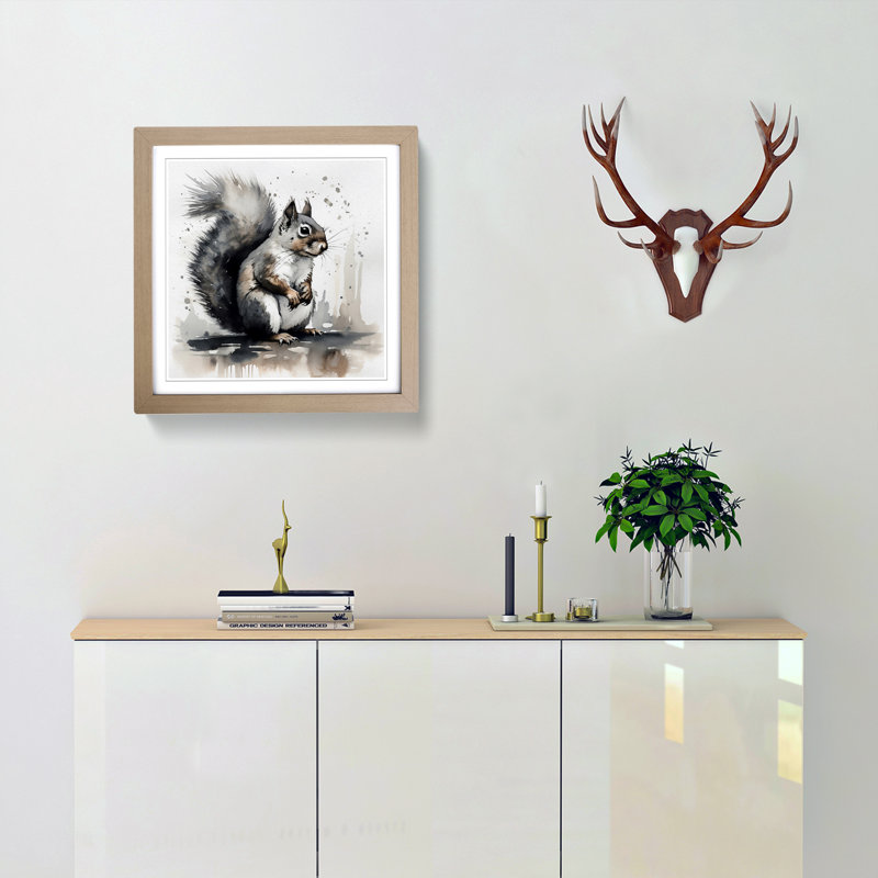 Squirrel Ink Wash - Framed Print, Oak