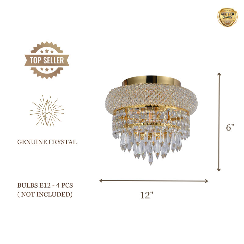 Montrey 4 Lights Empire Flush Chandelier With Crystal Tear Drop Accents, Gold