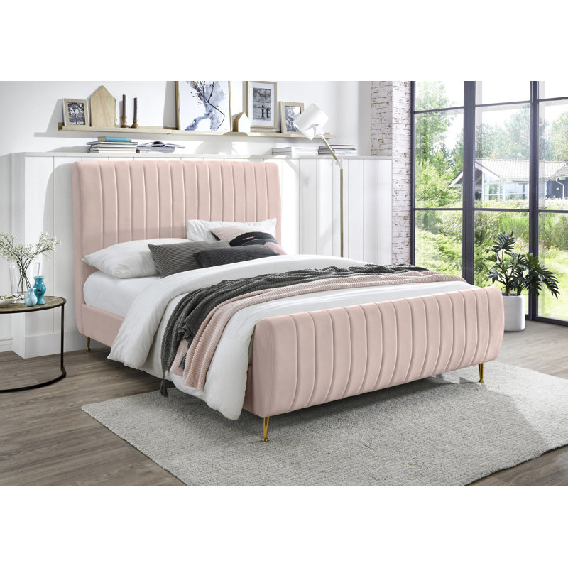 Upholstered Platform Bed, Pink Velvet, Full