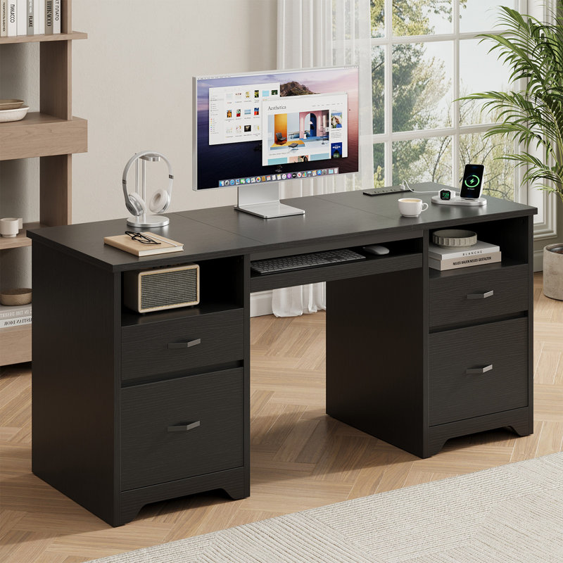 59" Symmetric Computer Desk with Power Outlet & Keyboard Tray, Office Desk with Ample Storage, Black