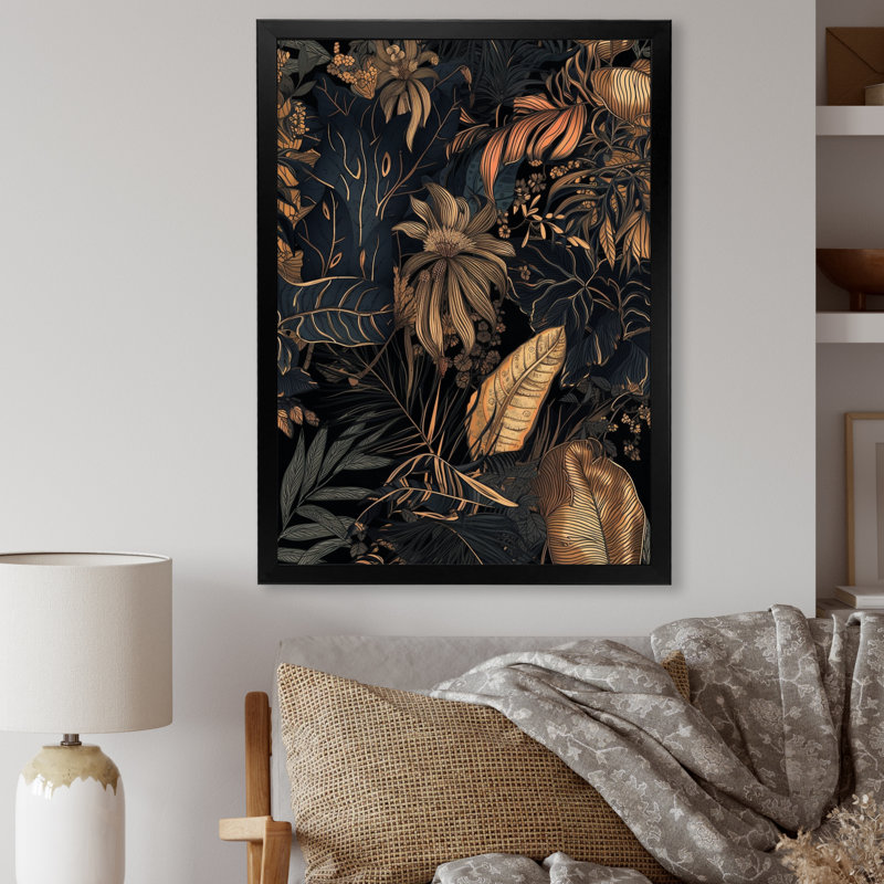 Feuille d'or tropicales Serenade III - feuilles, art mural, Cadre photo noir, H 20 po x l 12 po