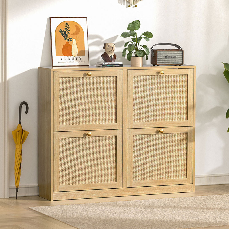 20 Pair Shoes Storage With 4 Flip Drawers Rattan Shoe Cabinet For Entryway, Nature