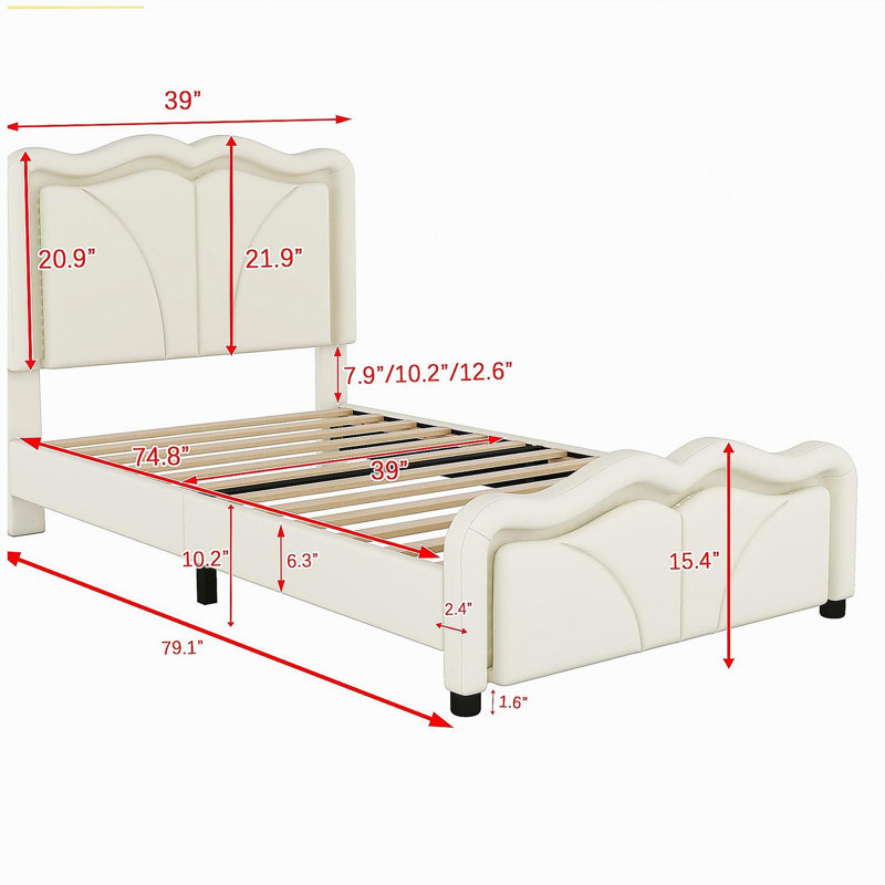 Un lit plateforme rembourré avec des formes incurvées et une tête de lit à hauteur réglable, une bande lumineuse à DEL