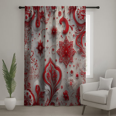 Intricate Red White Floral Window Curtains, Floral Sheer & Blockout Curtains - 1 Panel