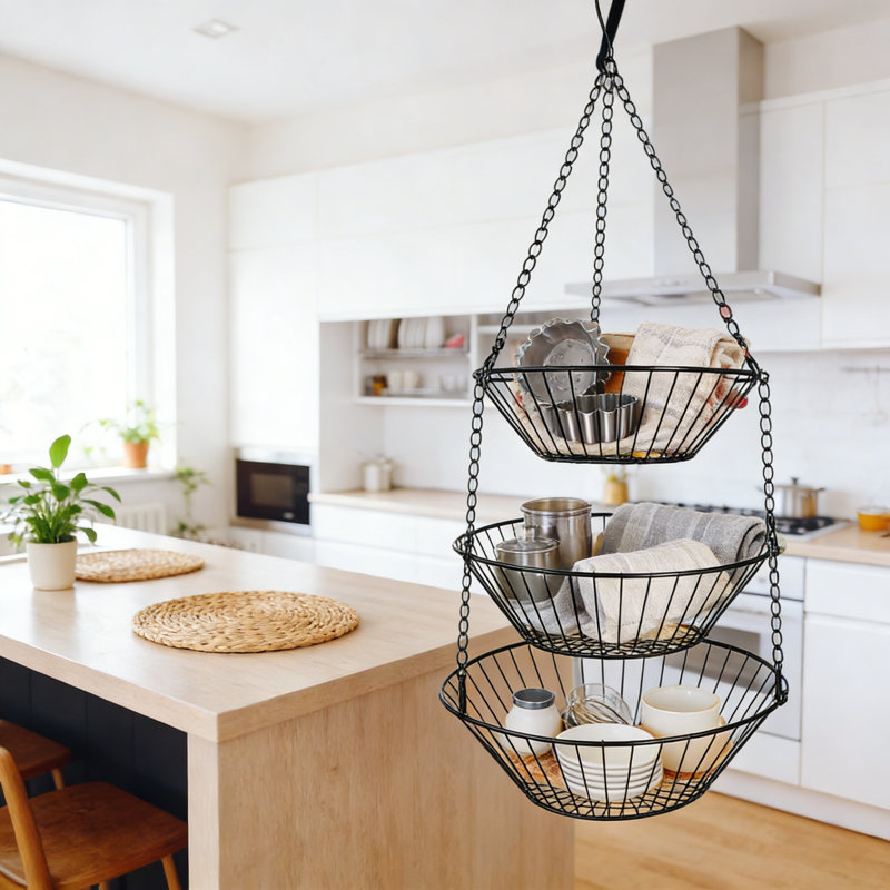 Ensemble de 2 paniers à fruits suspendus à 3 niveaux avec chaîne en métal robuste, organisateur de rangement en fil robuste pour la cuisine, le garde-manger, les pommes de terre, les oignons et les fruits