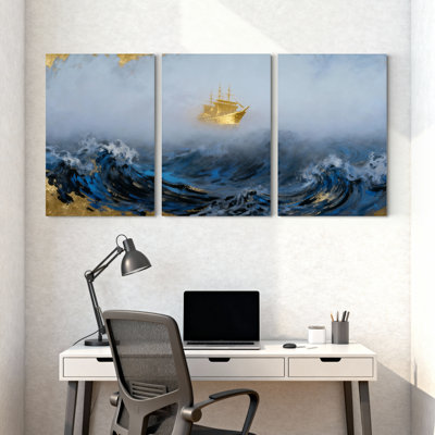 «Golden Ship On Stormy Ocean Waves», ensemble de 3 impressions sur toile