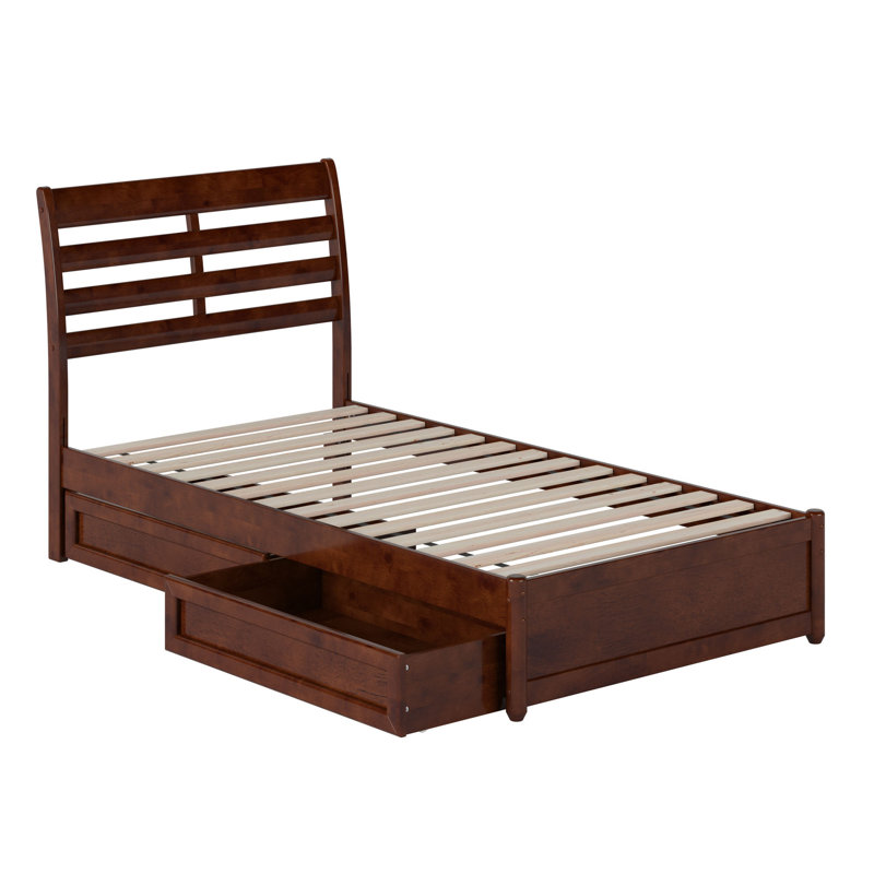 Lit plateforme avec rangement en bois massif et pied de lit Lamareon, Noyer, Simple