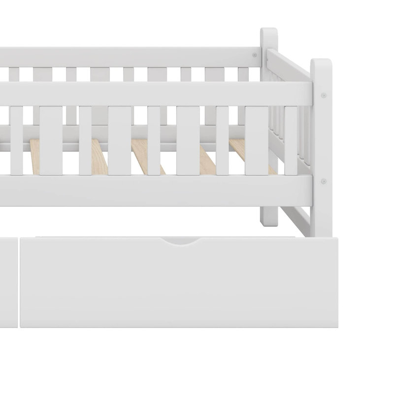Lit plateforme simple en bois avec tiroirs et garde-corps, Blanc
