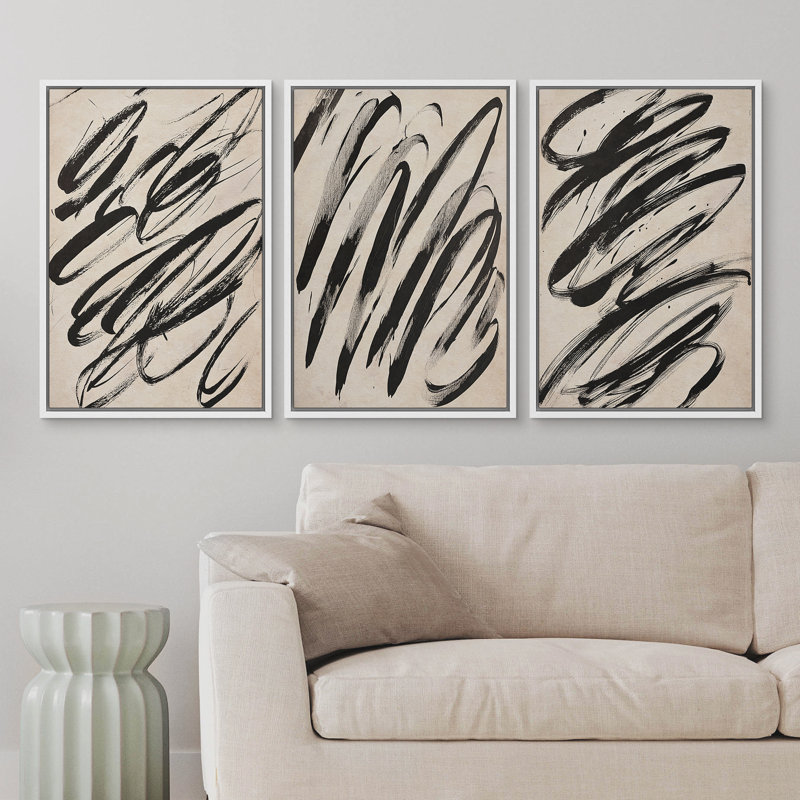 «Abstract Neutral Black Paint», ensemble de 3 reproductions d'art encadrées sur toile, H 24 po x l 16 po, Blanc