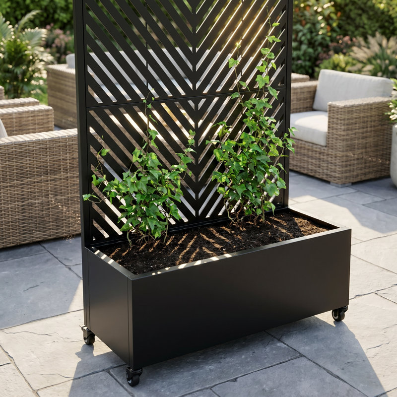 73 Inch Metal Raised Garden Bed With Trellis, Lockable Wheels And Privacy Screen, Black
