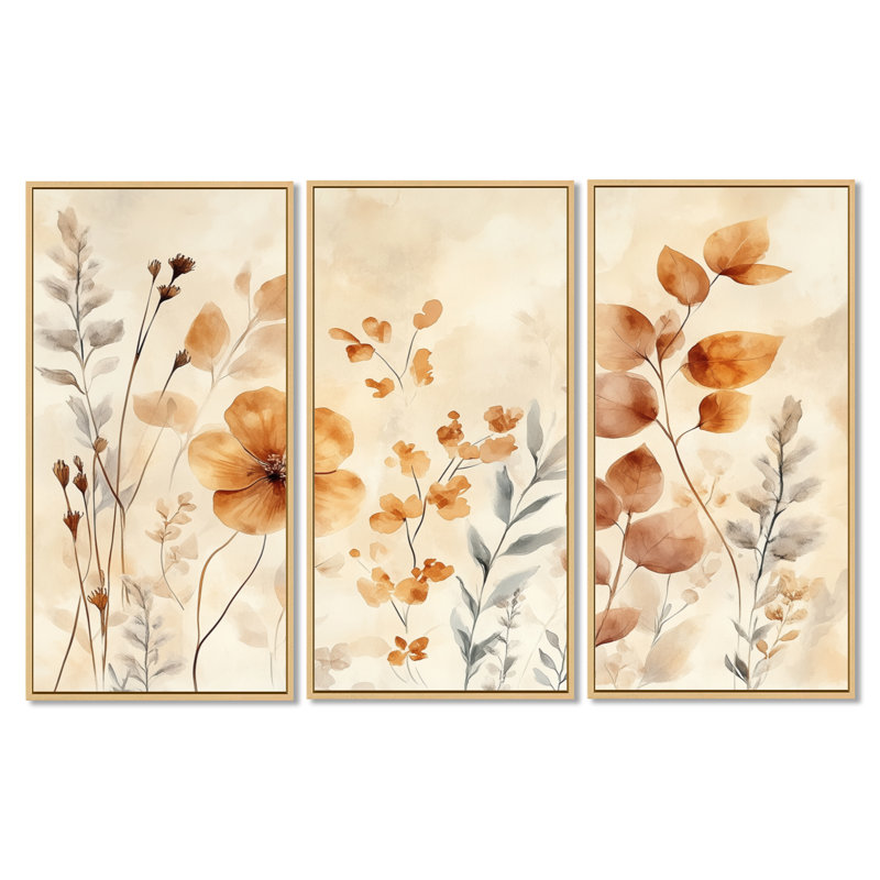 «Earth Tone Dried Botanicals I - Meadow», ensemble d'art mural encadré, H 40 po x l 60 po, Cadre naturel flottant