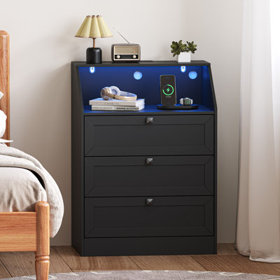 Table de chevet à 3 tiroirs de 60 cm de large avec lumière DEL et station de recharge, table de chevet avec niche ouverte pour chambre à coucher