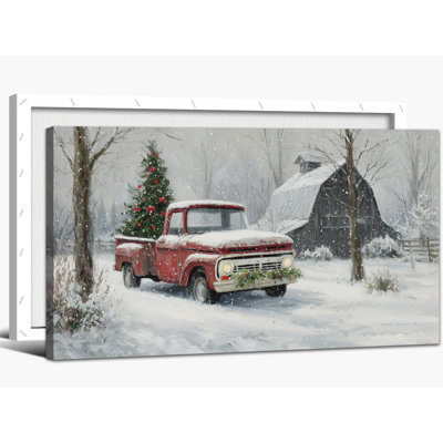 Winter Canvas Wall Art - Red Truck Christmas Pictures Wall Decor, Vintage Farmhouse Winter Landscape Painting for Living Room, Christmas Tree Artwork Prints Pine Frame Wrapped Canvas, 12×24 inches