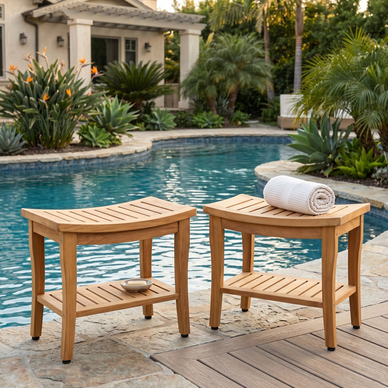 Tabouret de spa en bois de teck massif avec tablette de rangement (ensemble de 2), 2
