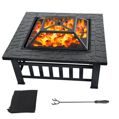 BP4U 32-Inch Outdoor Metal Fire Pit Table, Durable Large Wood Burning Square Fireplace/Firepit with Steel Bowl, Mesh Lid, Poker, and Cover for Patio & Backyard